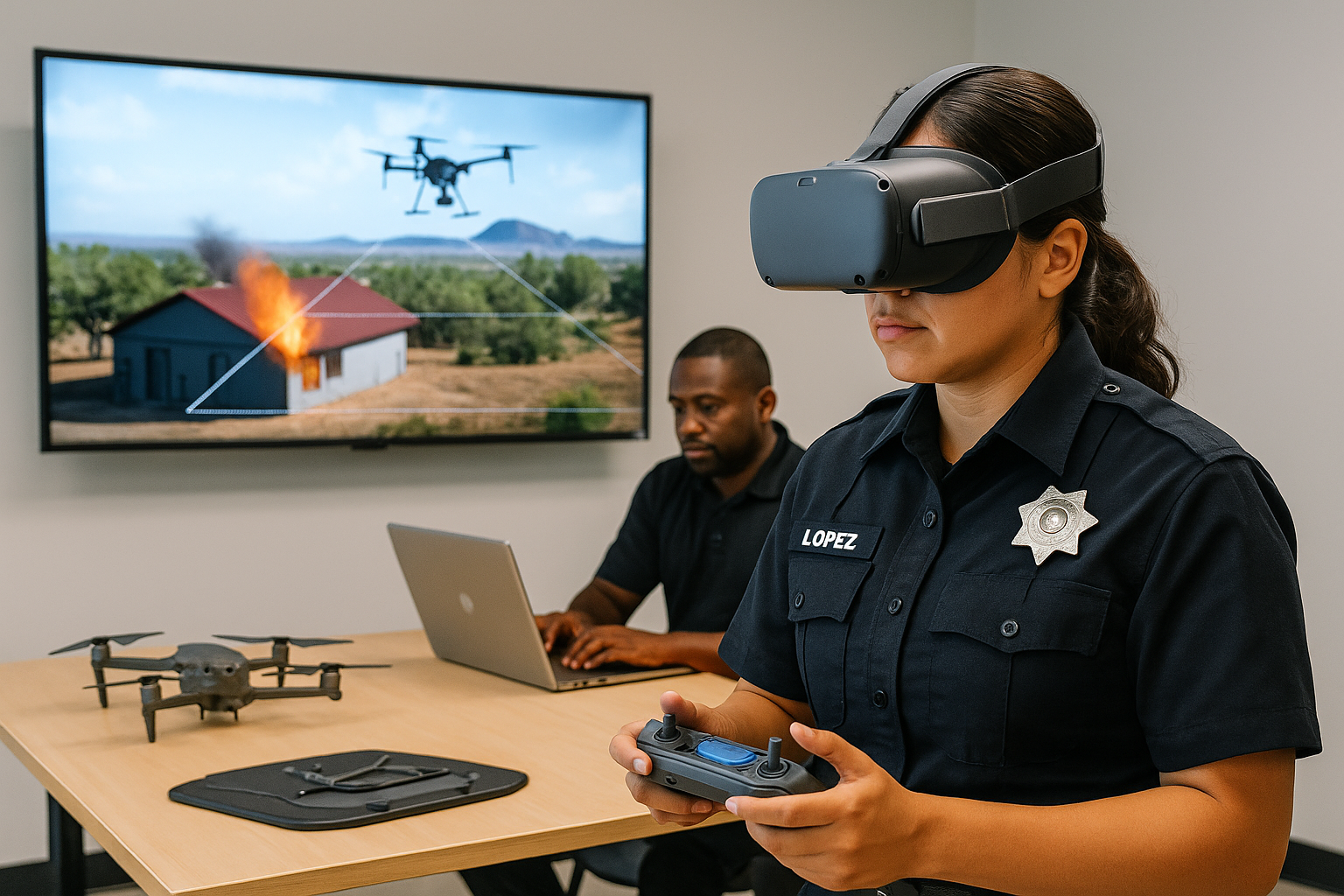 A police officer in VR goggles controls a drone, viewing a burning house on a screen. Another officer works on a laptop.