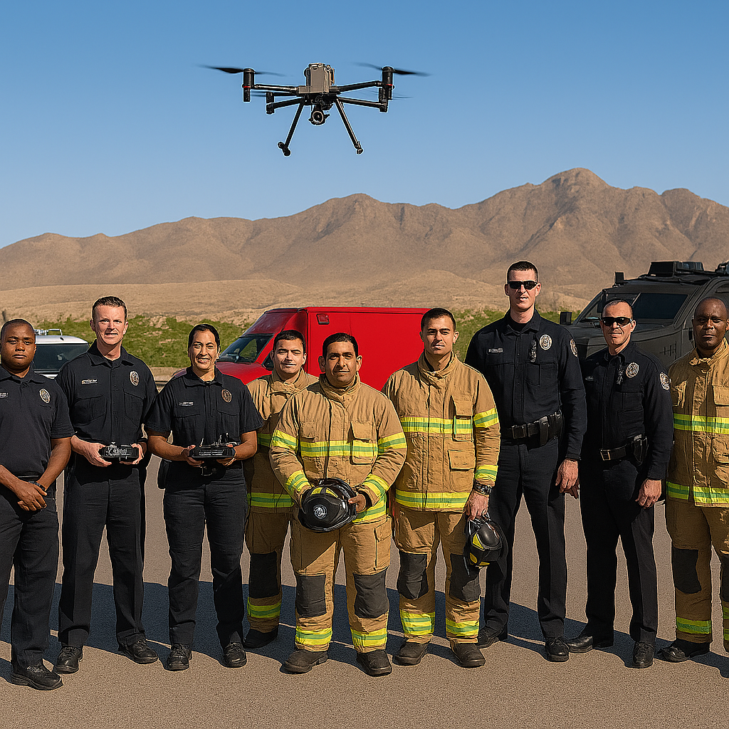 Diverse El Paso first responders at a drone launch site with police and fire vehicles, Franklin Mountains in the background, and drone in flight.