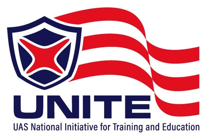 Logo for UAS training program featuring a shield, stylized flag, and the word