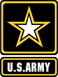 U.S. Army logo: gold star within a black square, atop a black rectangle with 