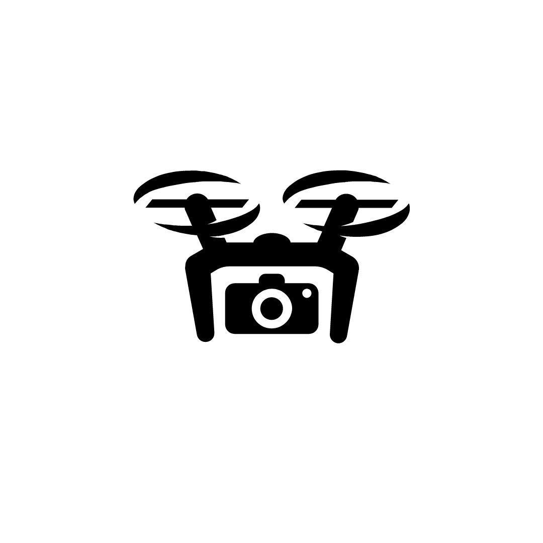 A black and white icon of a drone with a camera.
