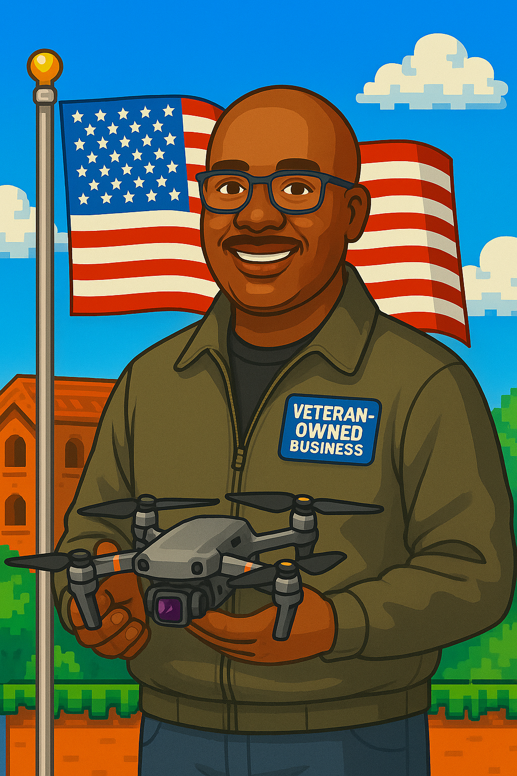 Illustration of a smiling veteran holding a drone, wearing a
