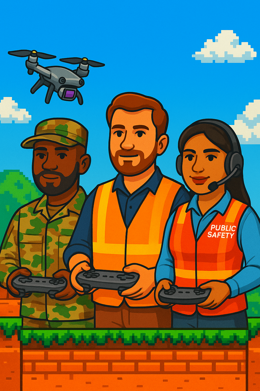 From Above Droneworks pixel illustration of workforce and emergency drone trainees