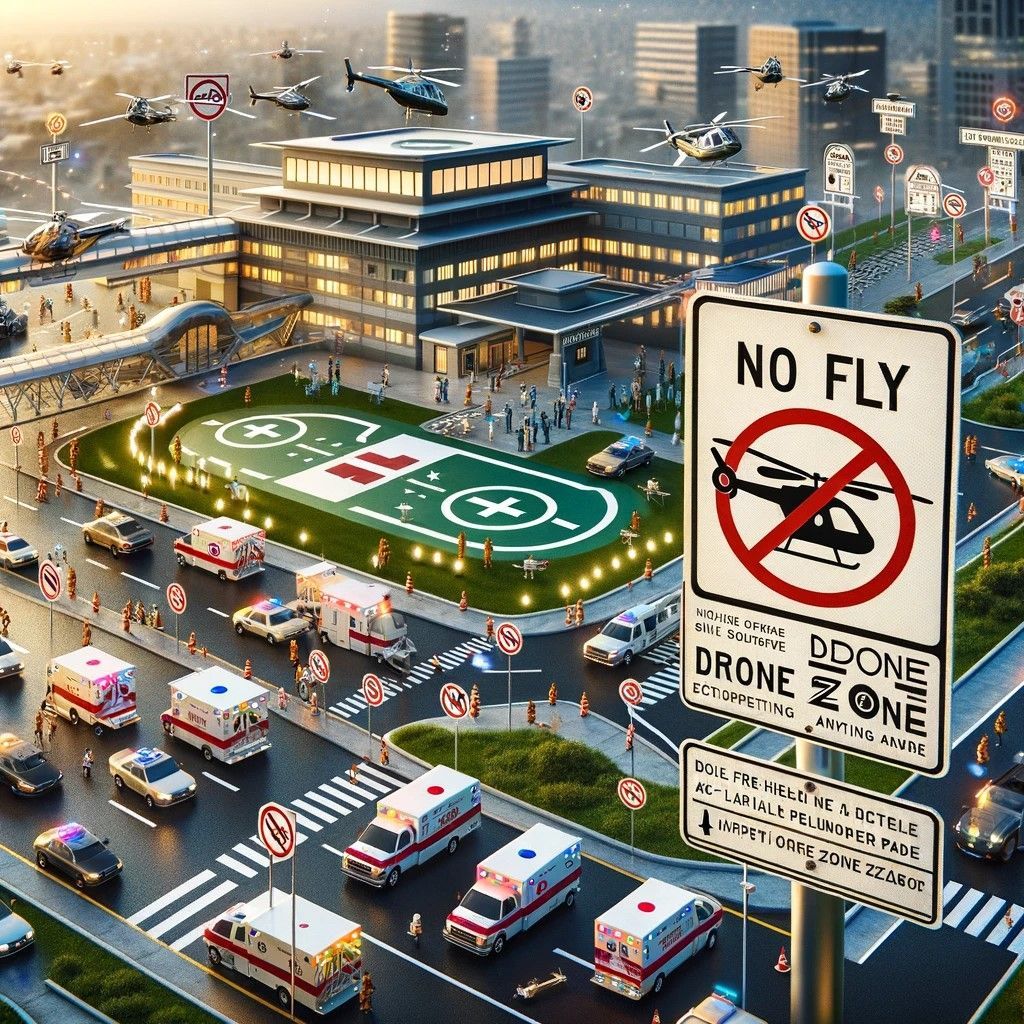 Image illustrating the 'No Fly Drone Zone' near a hospital's helicopter landing pad, with enhanced visual elements to underlining the urgency of maintaining clear airspaces for medical operations. The scene shows the hospital and its helicopter landing pad marked by clear, enhanced signage and explicit no-drone symbols.