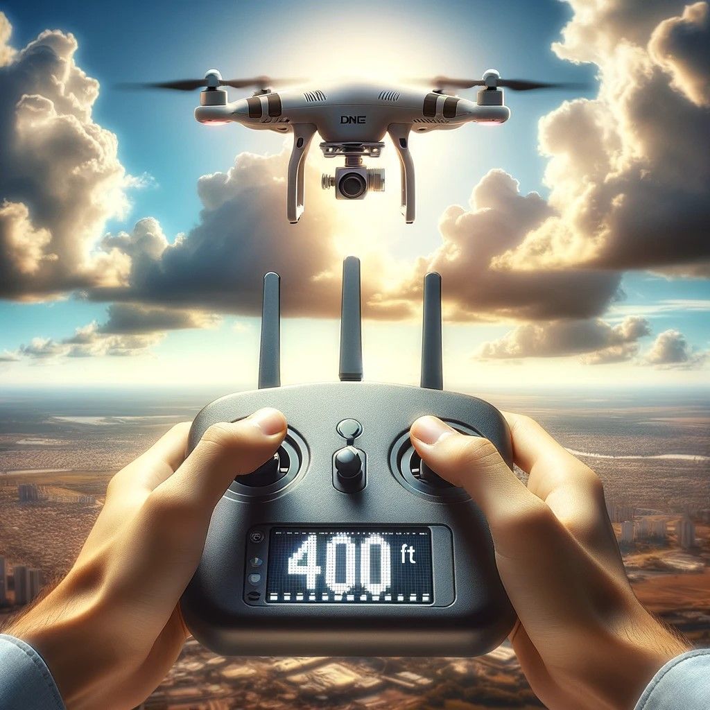 This image continues to depict the drone flying at an altitude of 400 feet, with a remote controller in the foreground displaying the altitude, emphasizing inclusivity alongside the technological theme.