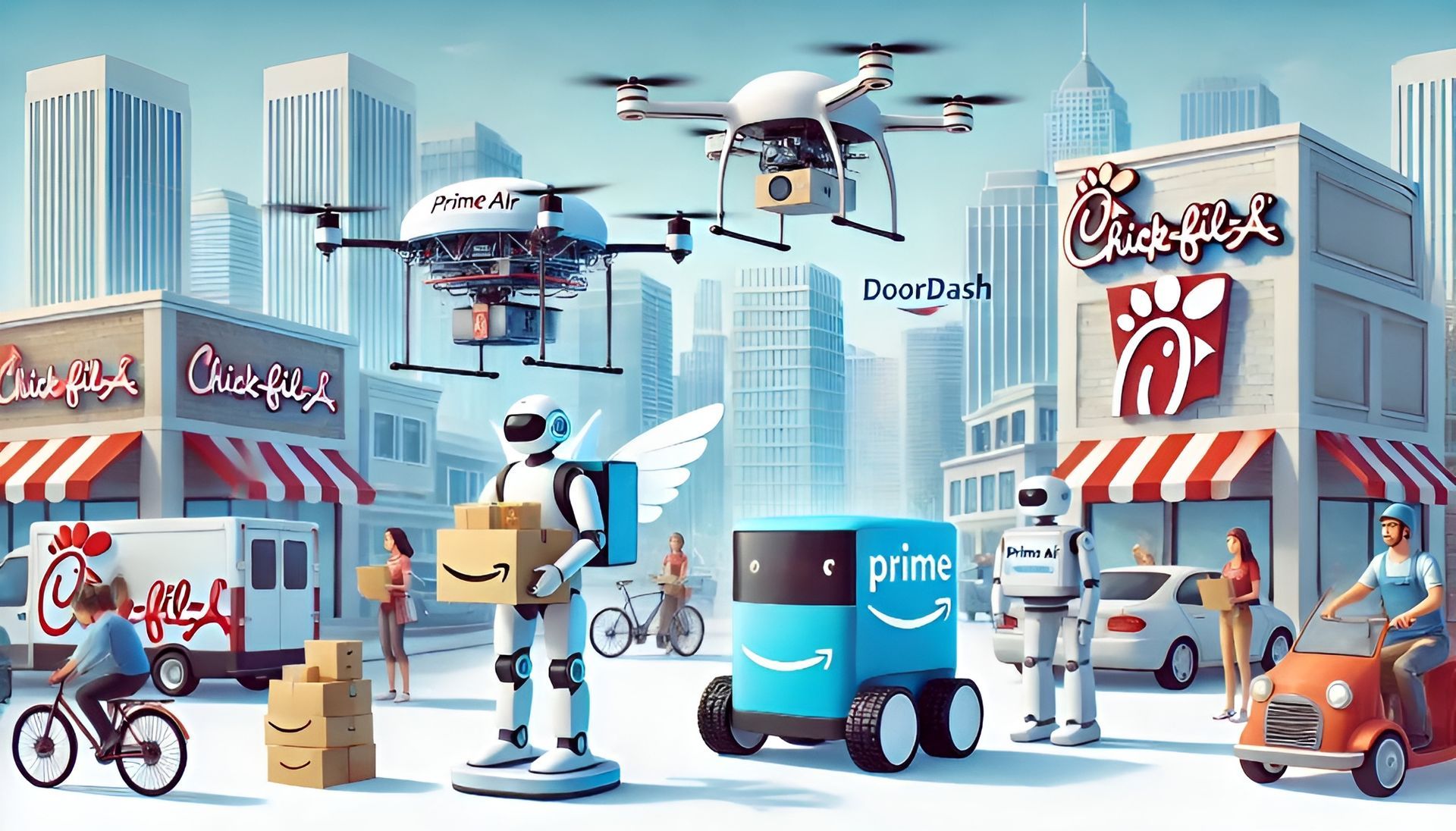 Futuristic cityscape with sleek buildings, featuring autonomous robots and drones delivering packages.