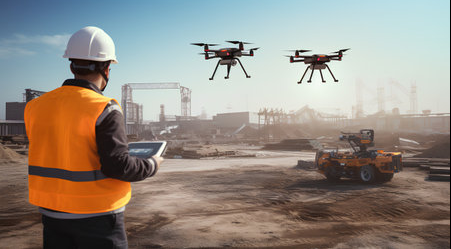 Drone Pilot Conducting Construction Site Survey: A drone pilot operates a UAV (Unmanned Aerial Vehicle).