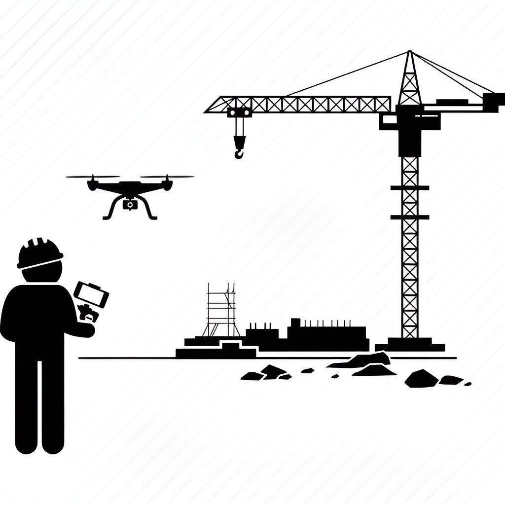A construction worker is flying a drone over a construction site.