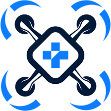 Drones for Good Worldwide logo with a medical cross inside, blue and black.