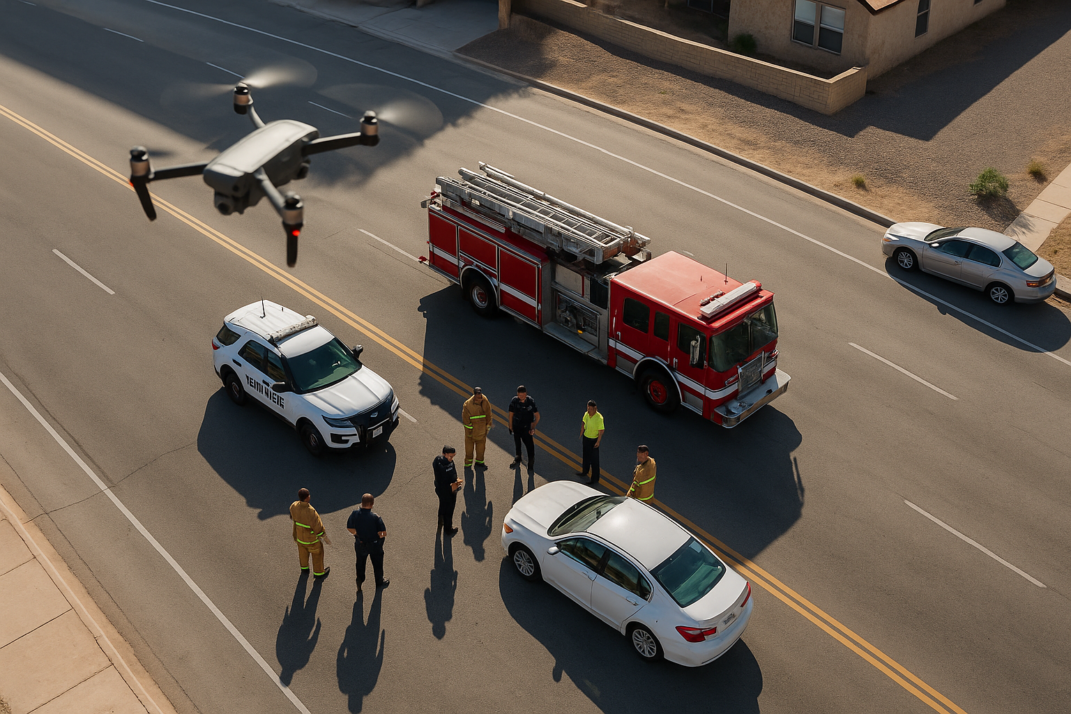 Drone providing aerial view of El Paso first responders at an emergency scene