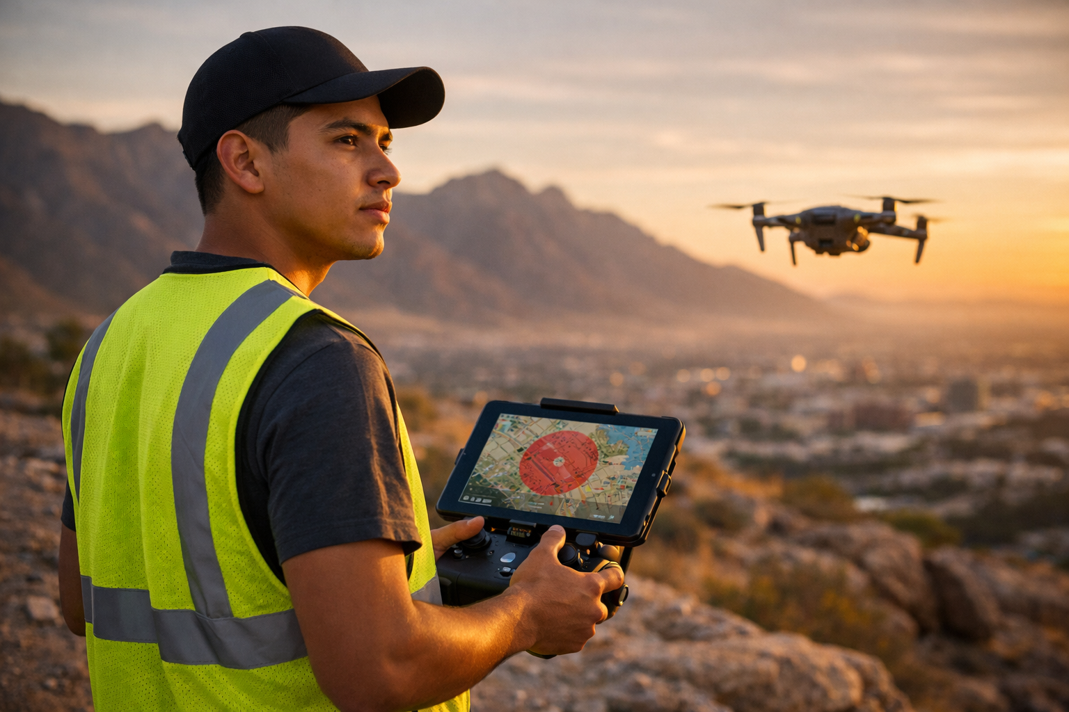 Professional drone pilot checking airspace map with Temporary Flight Restriction overlay near El Paso International Airport at sunrise.