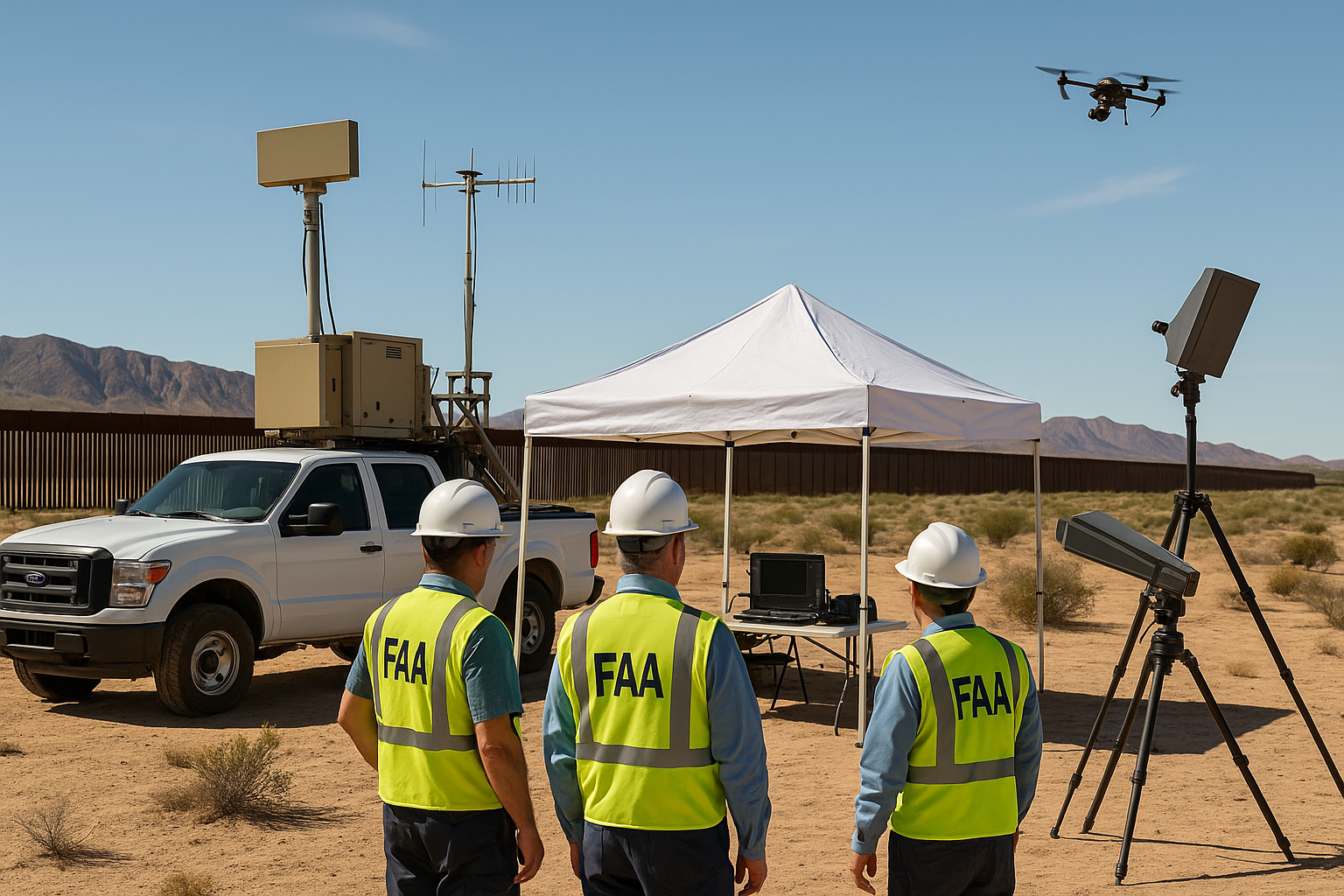 FAA officials conduct a counter-UAS drone detection test near Santa Teresa, NM, using radar and RF equipment near the U.S.–Mexico border.