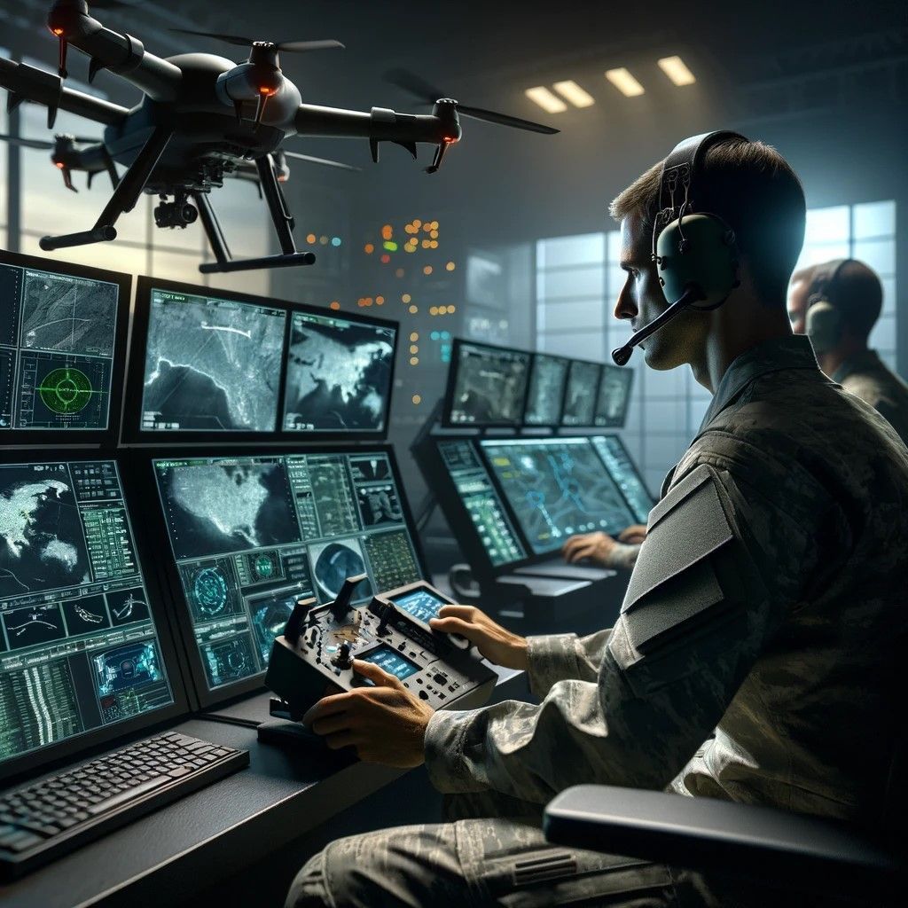 A military drone operator in action, capturing the focus and expertise required to pilot a modern drone using advanced remote controls within a high-tech command center.