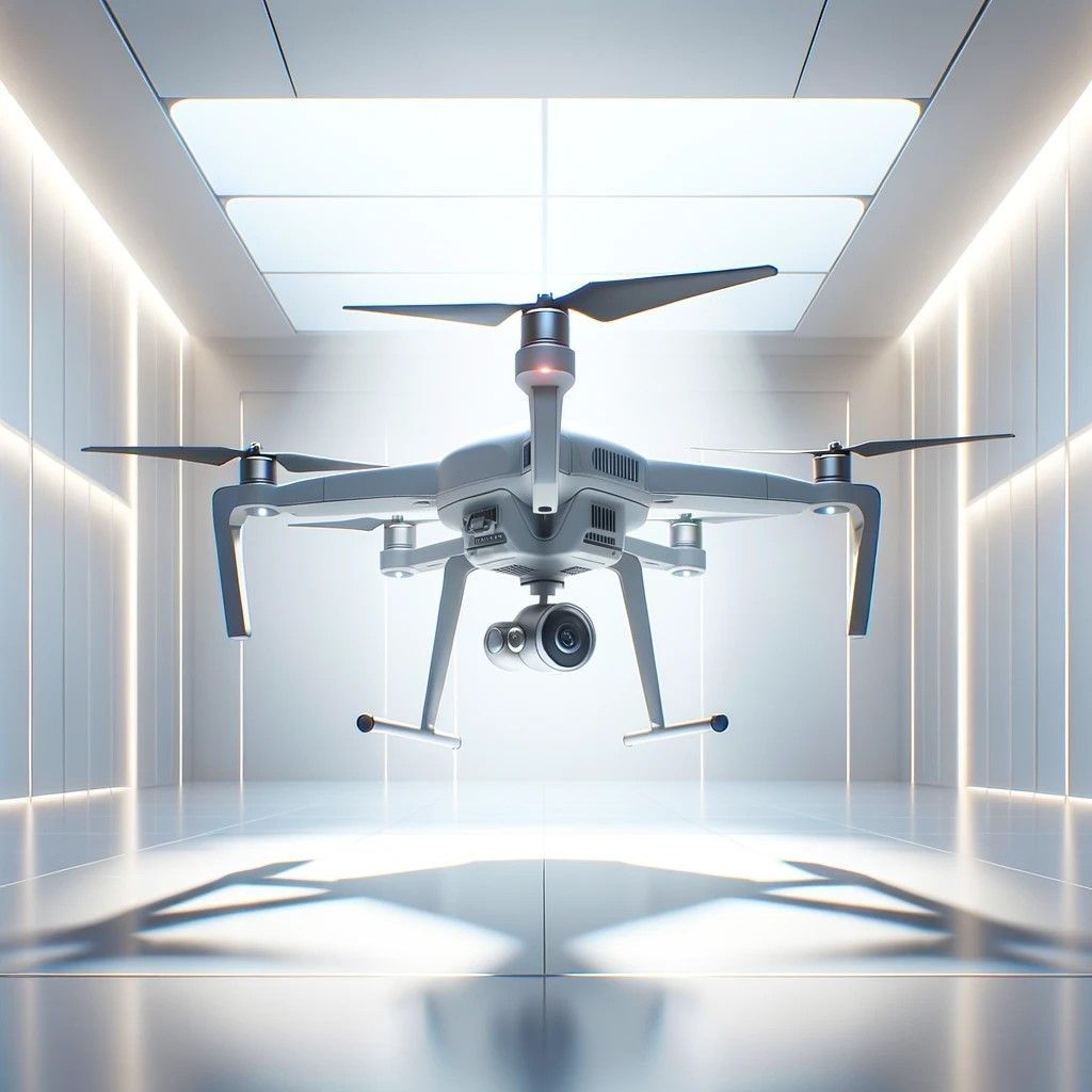 The image presents a single modern drone in a minimalistic setting, emphasizing its sleek design and advanced functionalities. Positioned in a brightly lit, white room, the drone stands out, showcasing its potential for various applications with a focus on its high-resolution cameras and sensor arrays.