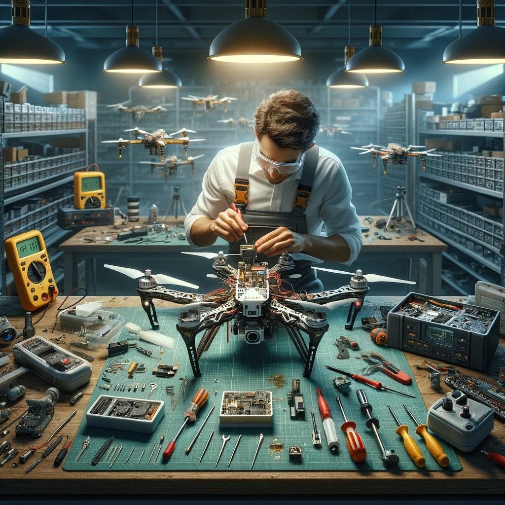 A drone maintenance and repair workshop, highlighting the intricate work of a technician engaged in the precise task of fixing a sophisticated drone. This image is set in a well-equipped environment, showcasing the array of tools and skills involved in drone technology maintenance.