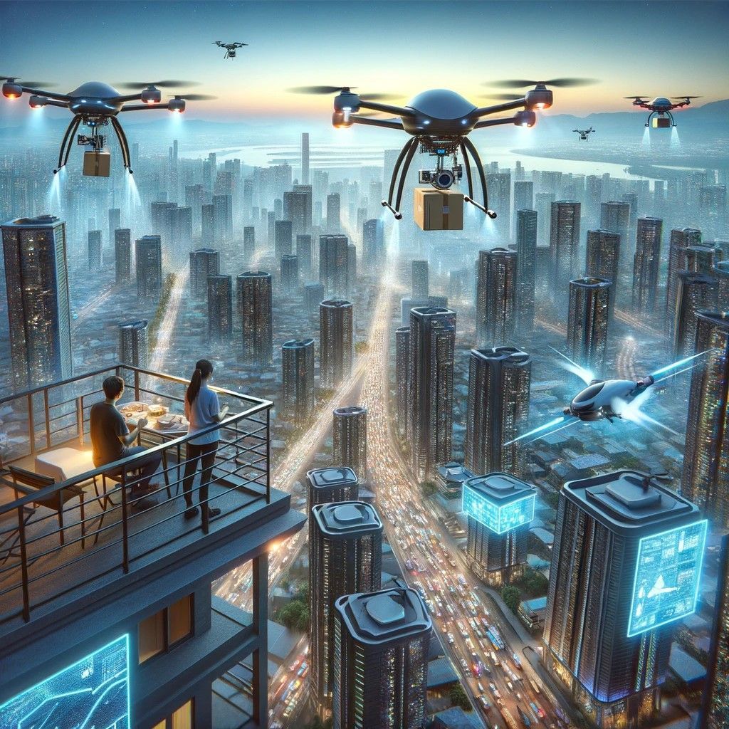 Image of drone services in a futuristic cityscape