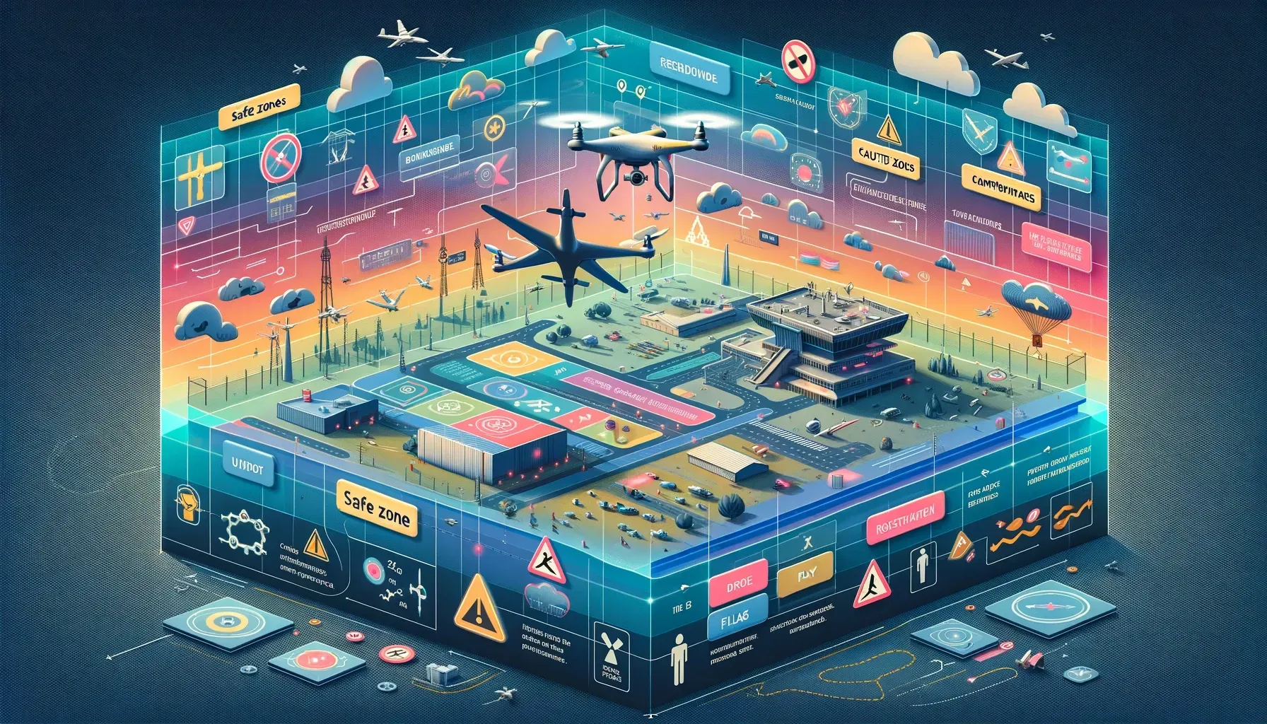 Image designed to visually explain the concept of drone airspace restrictions. It features a layered representation of airspace, color-coded to distinguish between safe zones, caution areas, and no-fly zones, with symbols and annotations clarifying the types of activities permitted in each.