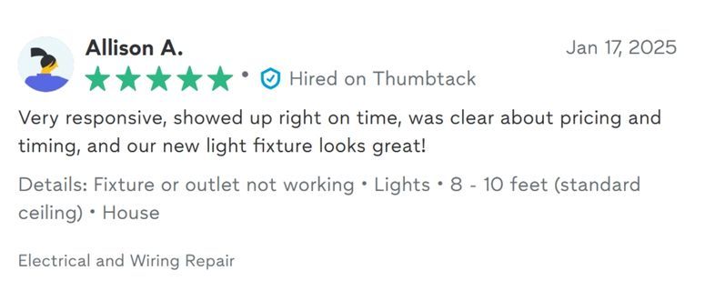 5-star review from Allison A. noting Brandon’s responsiveness and clear pricing. Mentions successful light fixture repair in a residential home.