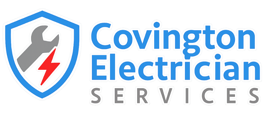 Covington Electrician Services logo with a blue shield, wrench, and red lightning bolt.