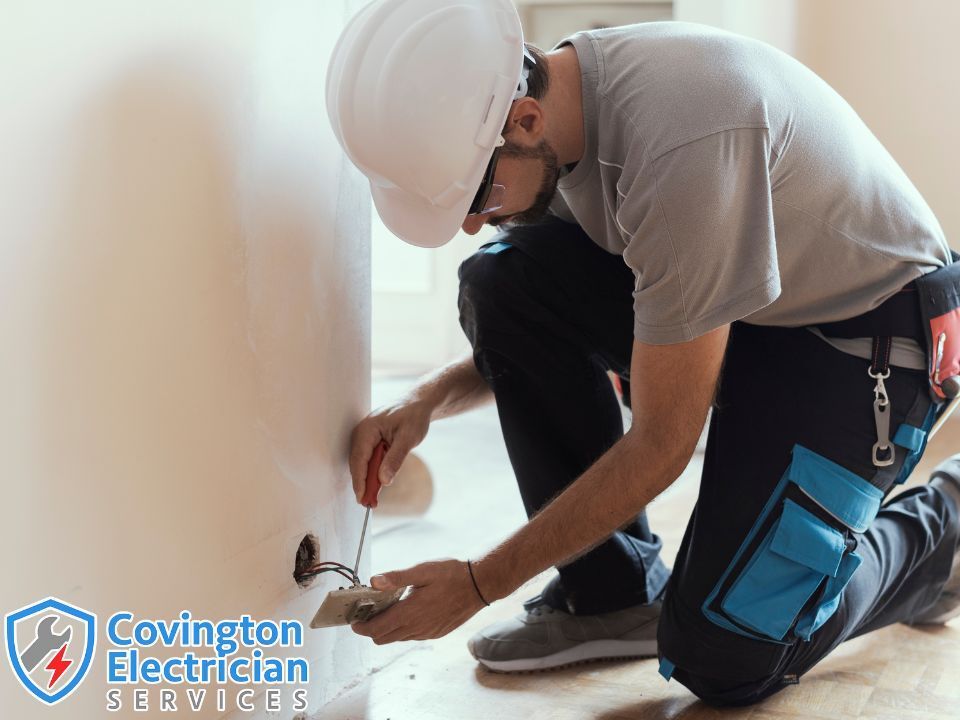 Technician wiring a new wall outlet in a residential home during an electrical upgrade