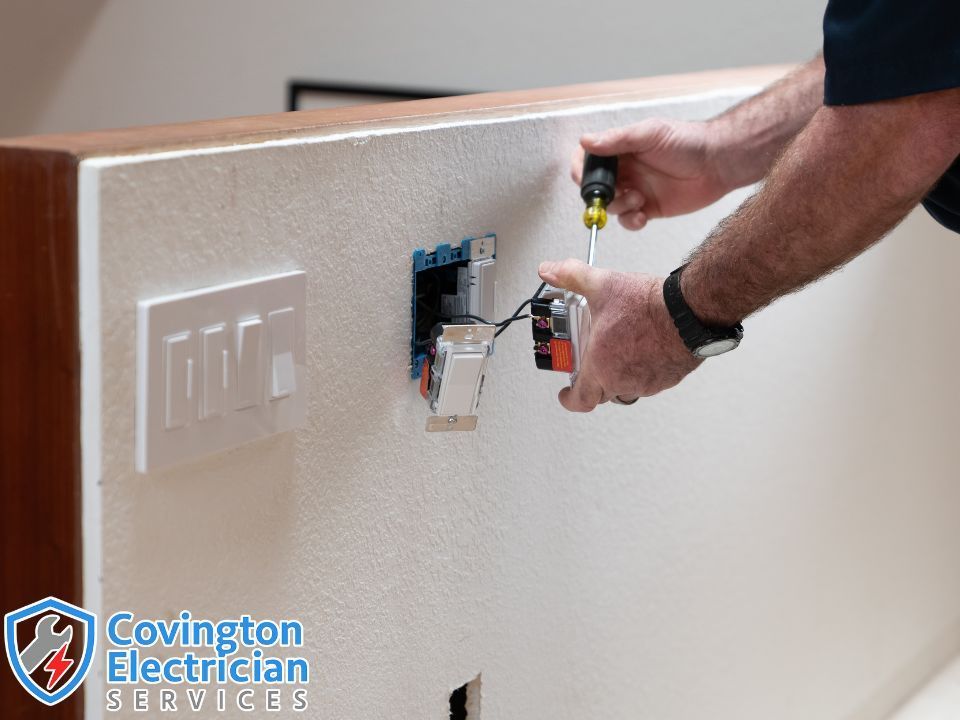 Close-up of electrician replacing a light switch in a homeowner’s wall with proper tools