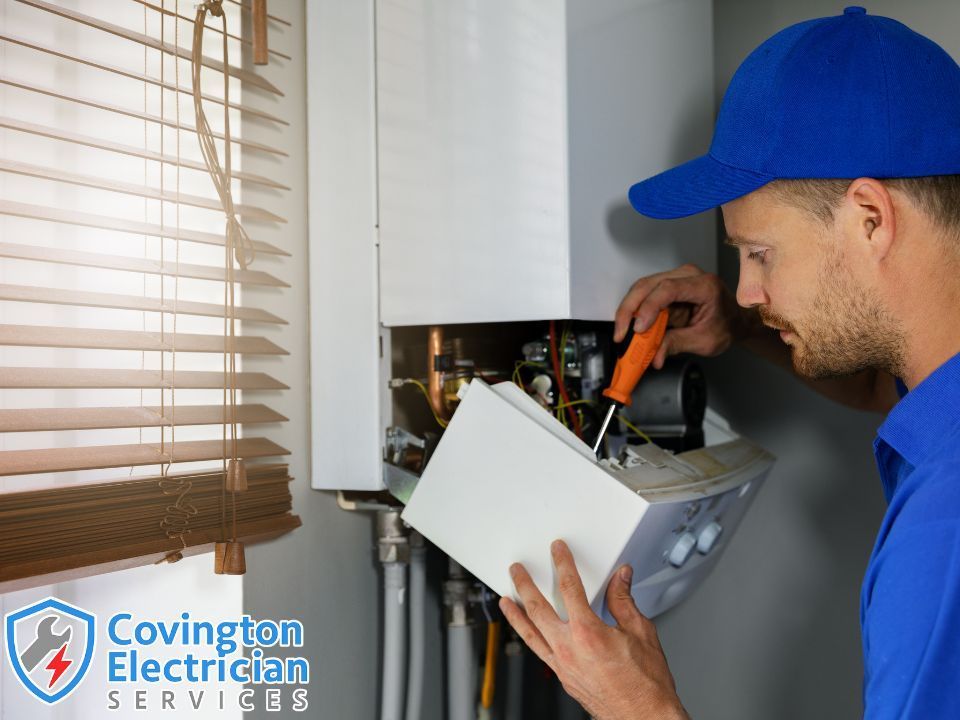 Residential electrician inspecting and wiring an electrical panel in a homeowner’s utility room