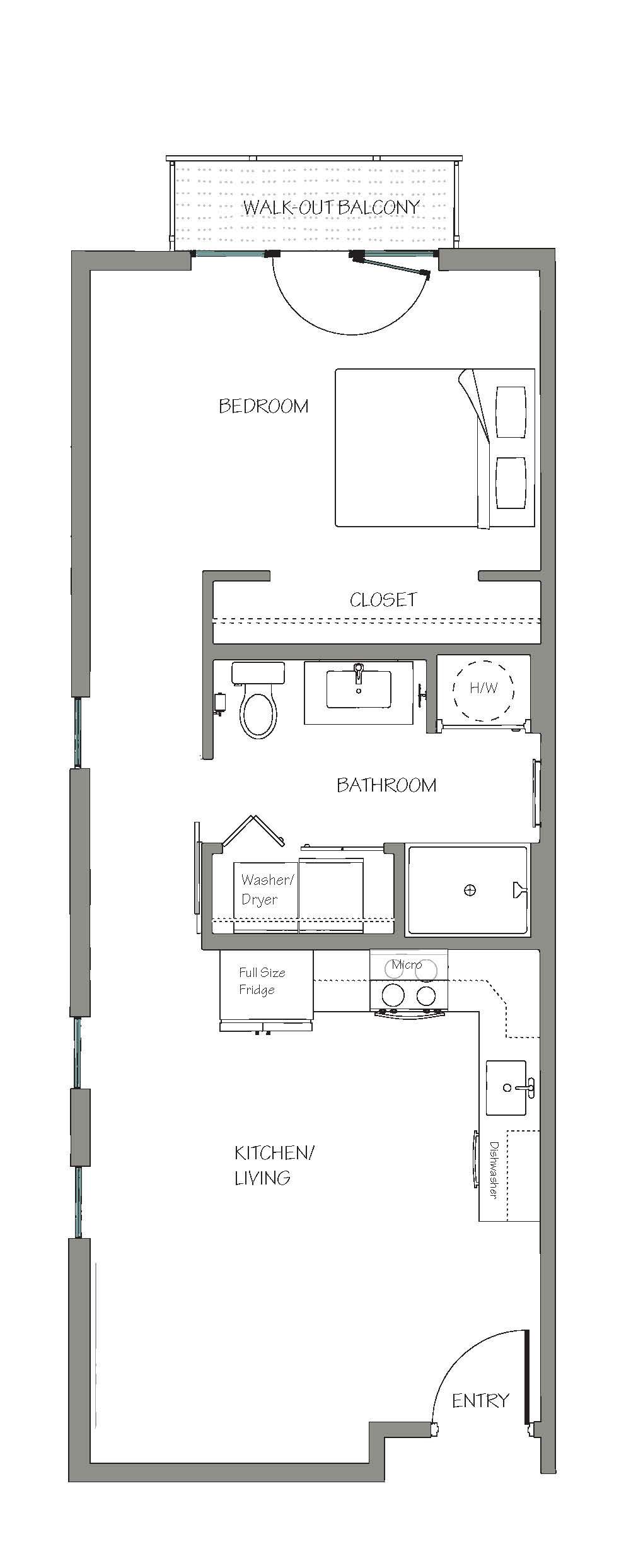 Floor plan of a narrow apartment, showing a balcony, living area, kitchen, bathroom, and entrance.