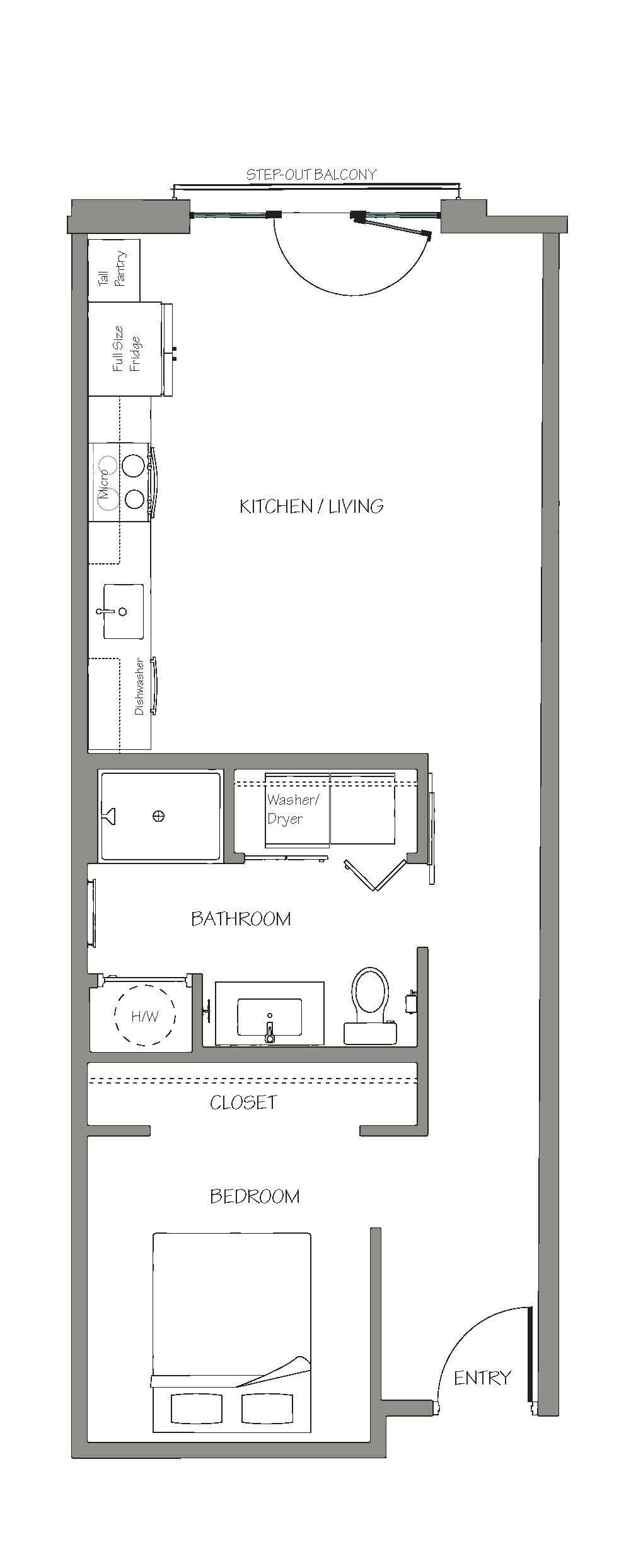 Floor plan of a studio apartment, with a kitchen, living area, bathroom, and closet.
