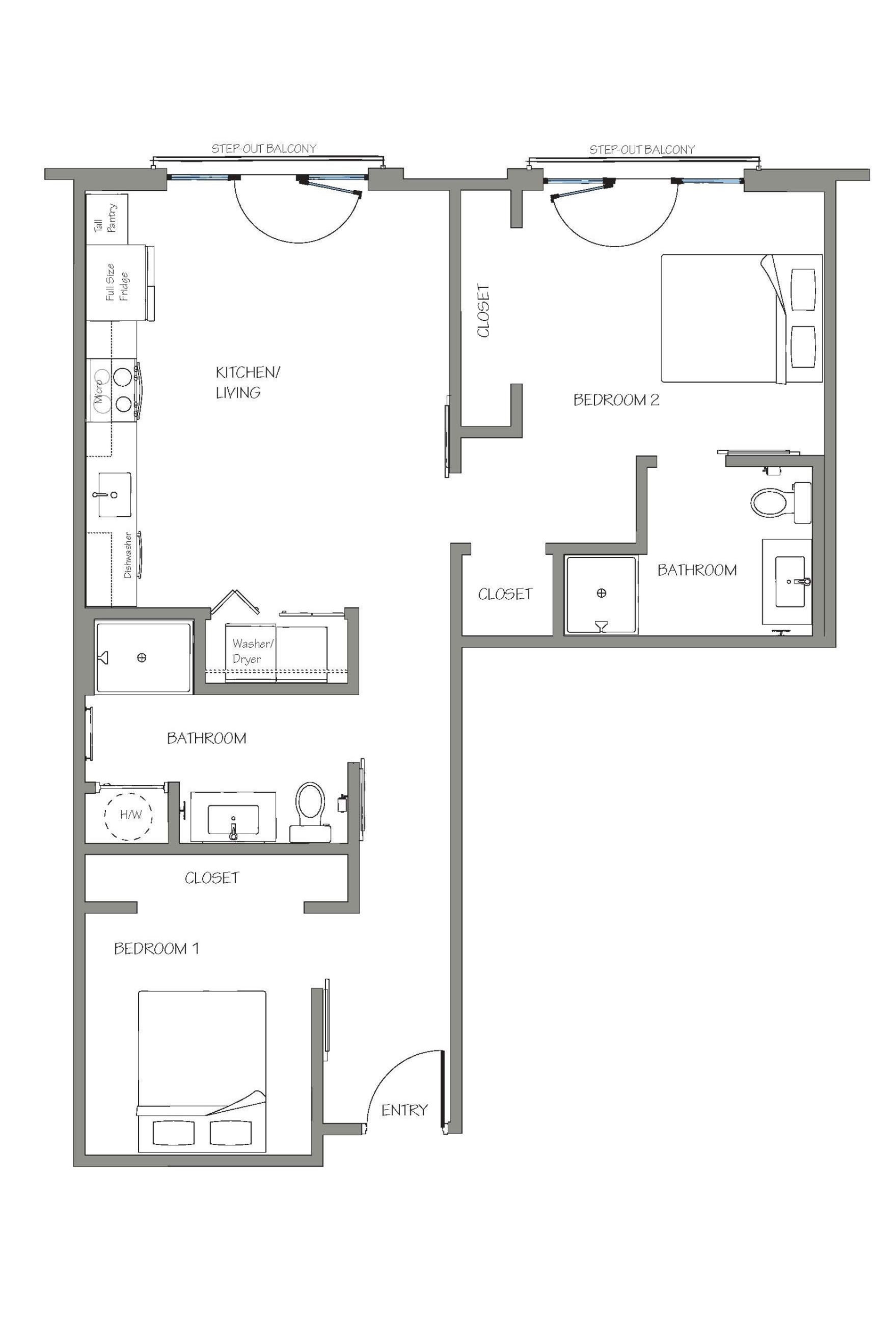 Floor plan of a residence with multiple rooms; walls are gray, interior details are black.