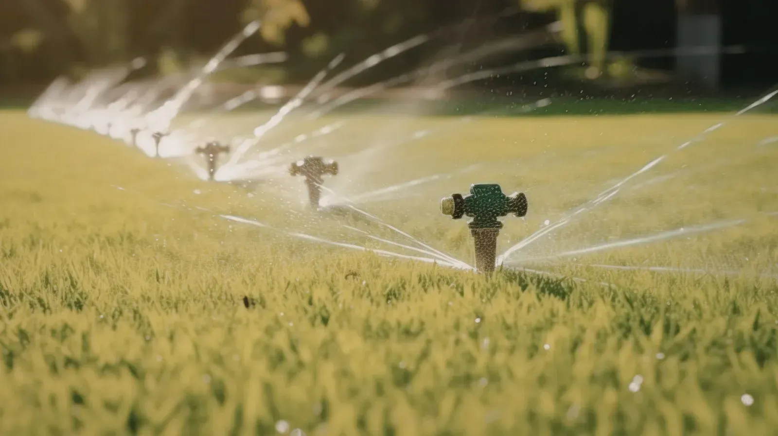 Sprinklers watering a field of green grass, spraying water into the air in sunlight.