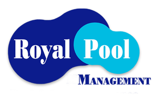 A blue and white logo for royal pool management