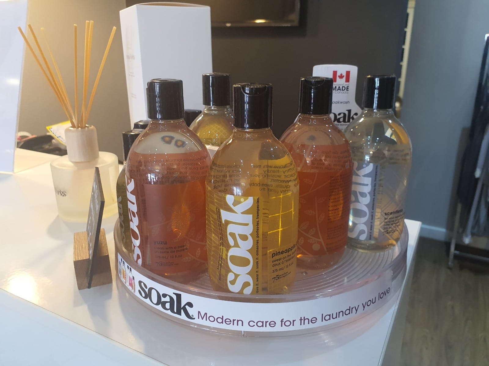 A display of soak modern care for the laundry