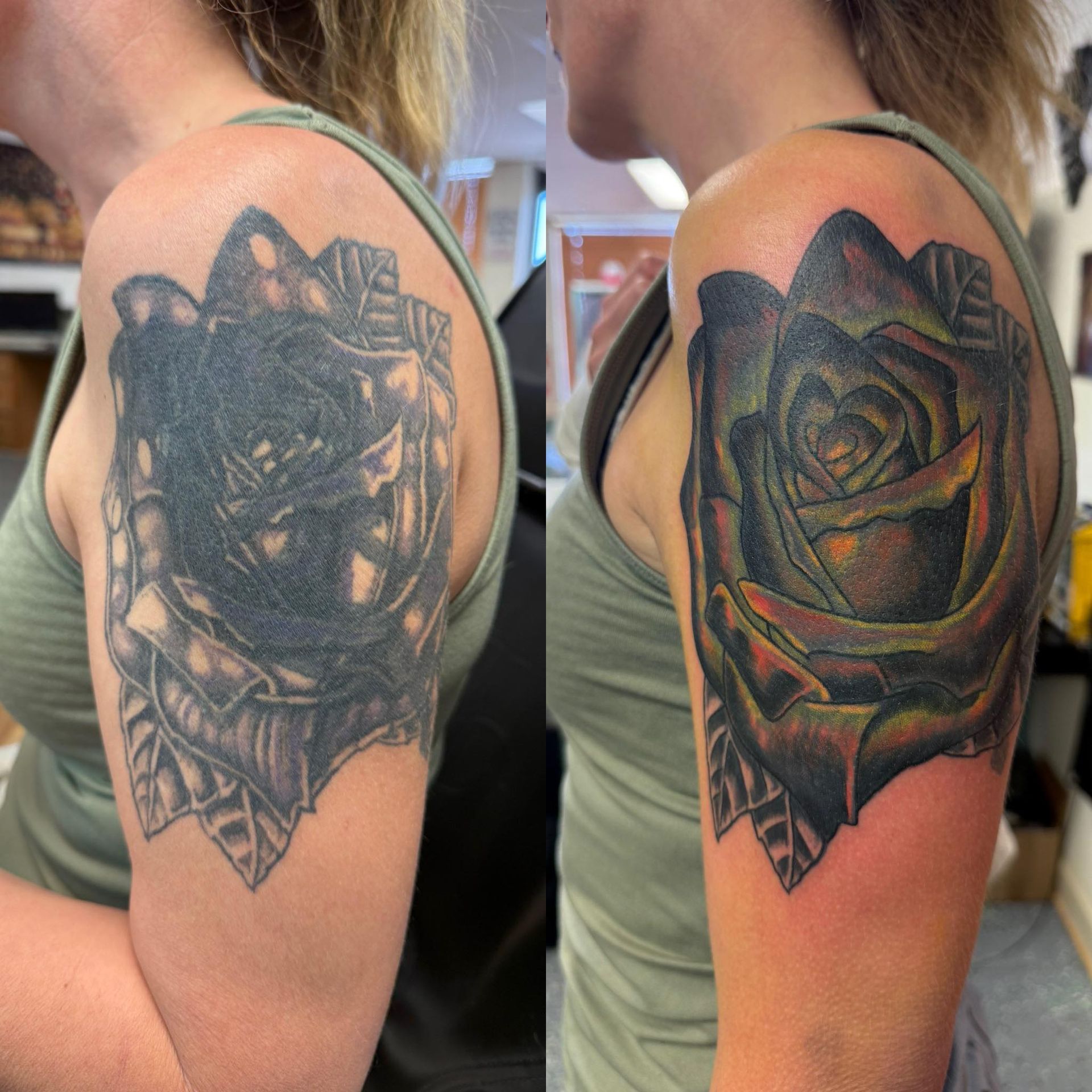 Close-up of a shoulder tattoo before-and-after: dark faded rose design beside a vibrant colored rose cover-up