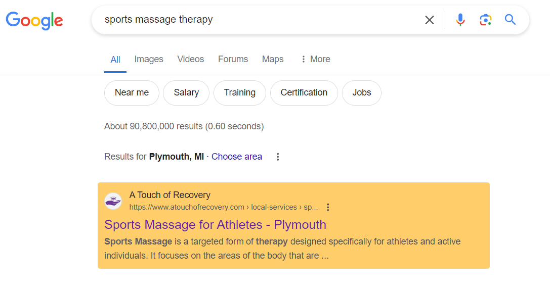 A google search for sports massage for athletes in Plymouth showing A Touch of Recovery as the #1 result