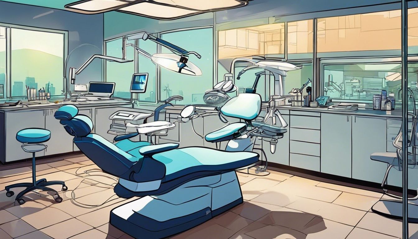 A cartoon drawing of a dental office with a dental chair.