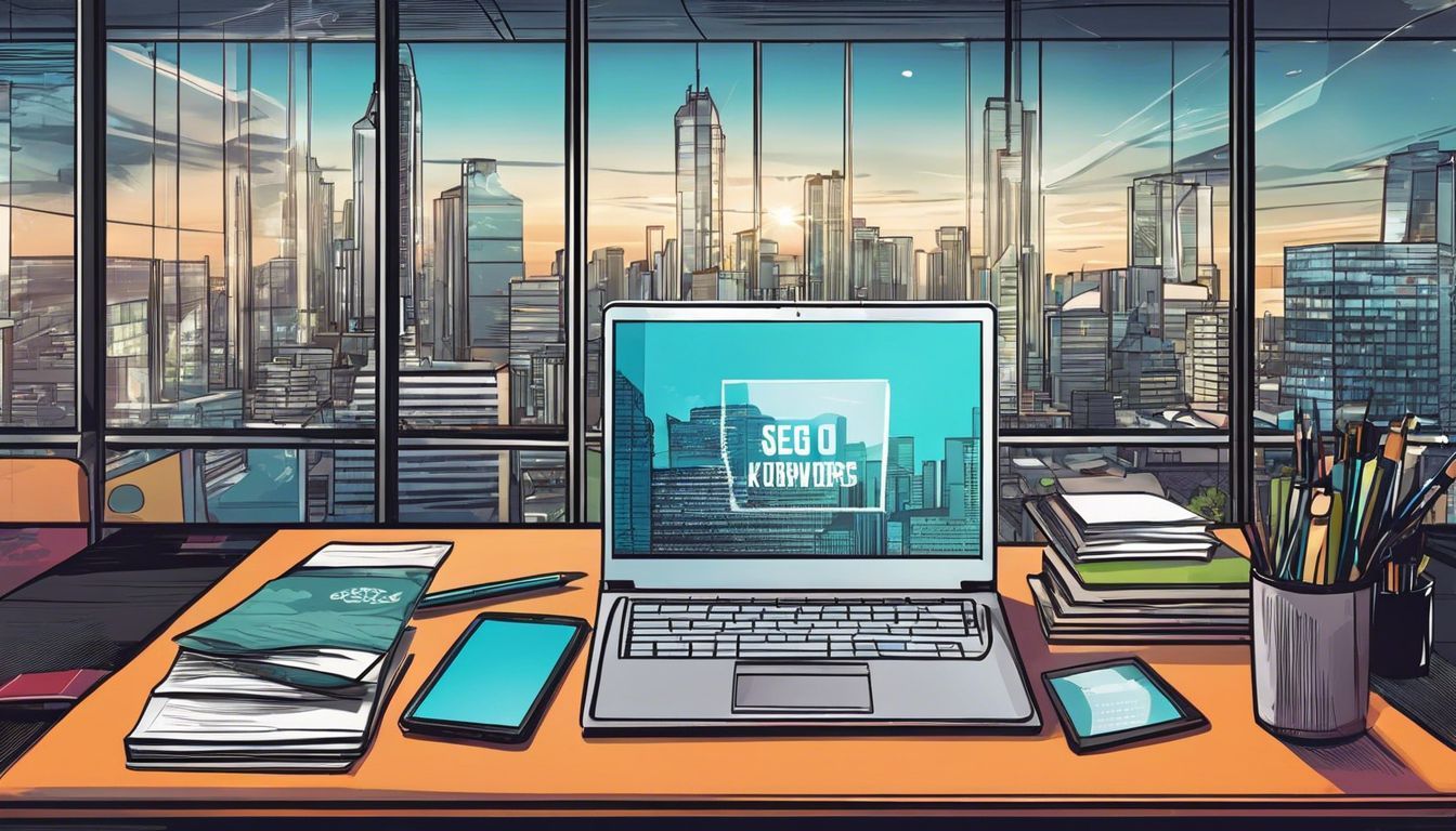 A modern professional office with SEO keywords on a laptop and city view.
