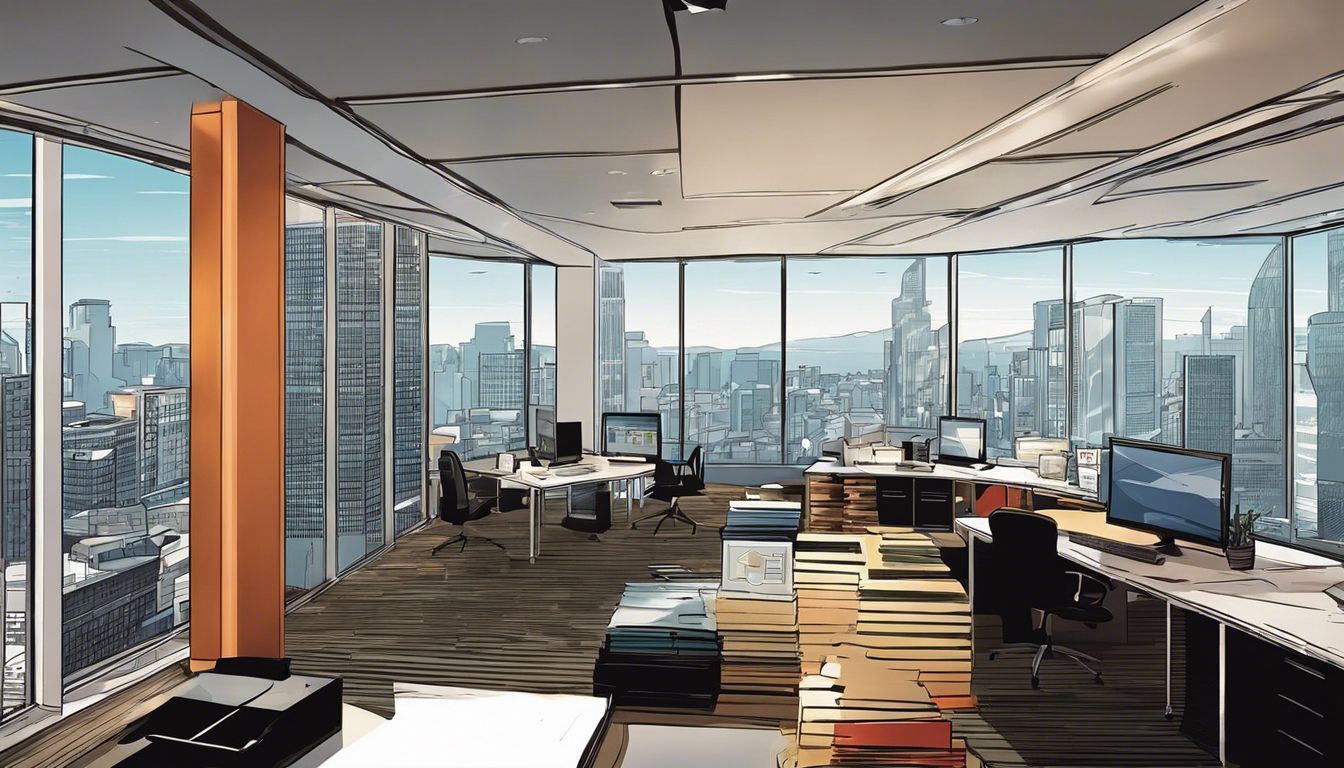 an artist 's impression of an office with a view of the city .