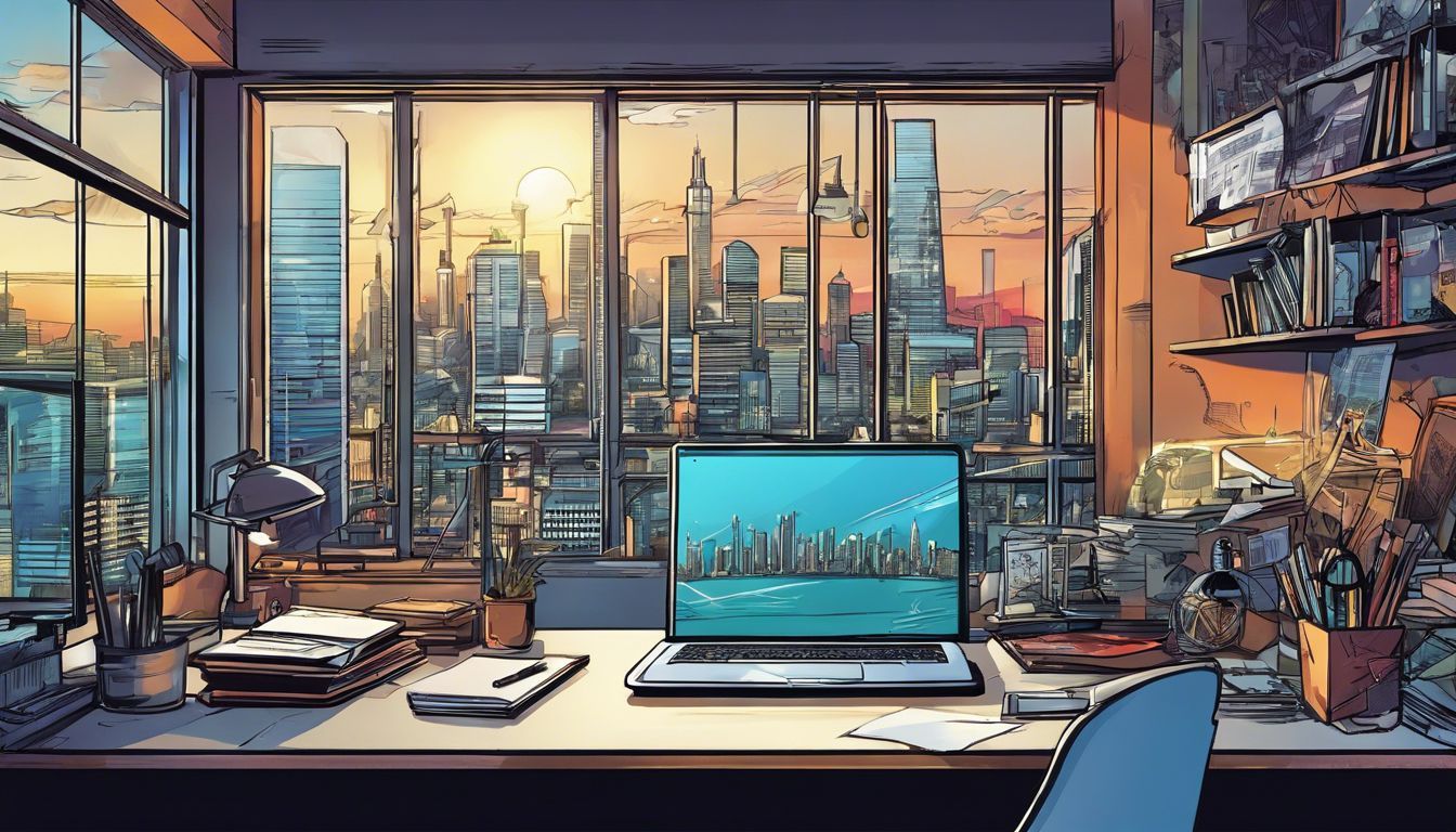 a laptop computer is sitting on a desk in front of a window with a city skyline in the background .