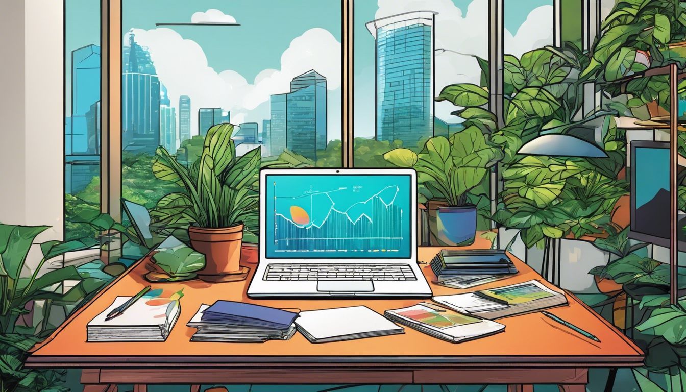 An open laptop displaying colorful charts and graphs in a modern office space surrounded by green plants.