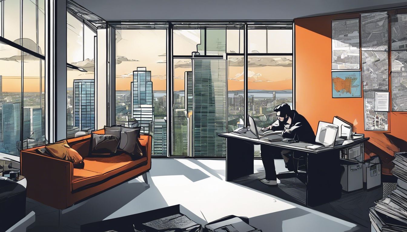 a man is sitting at a desk in a corner office with an orange couch .