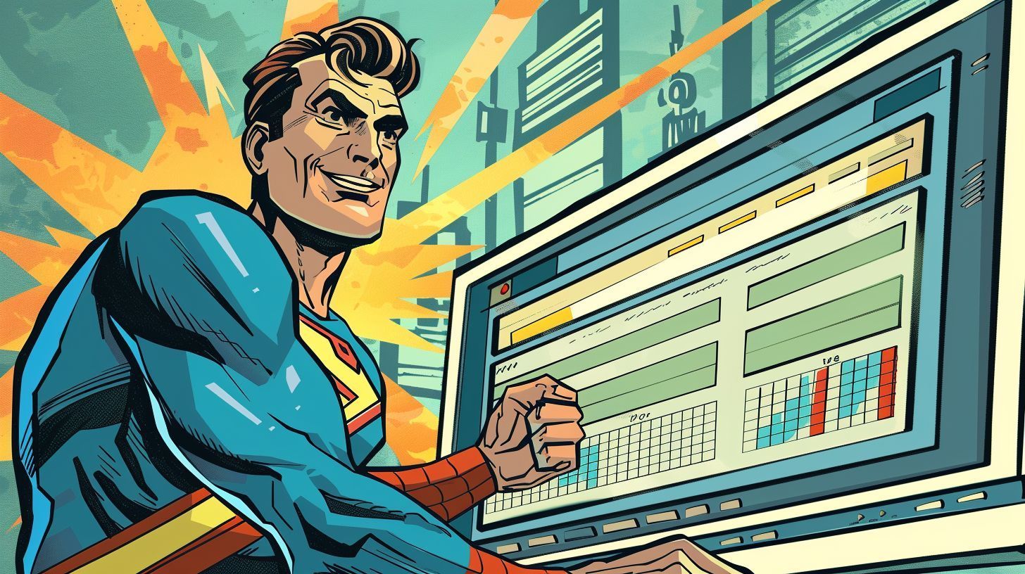 A cartoon of superman using a laptop computer.