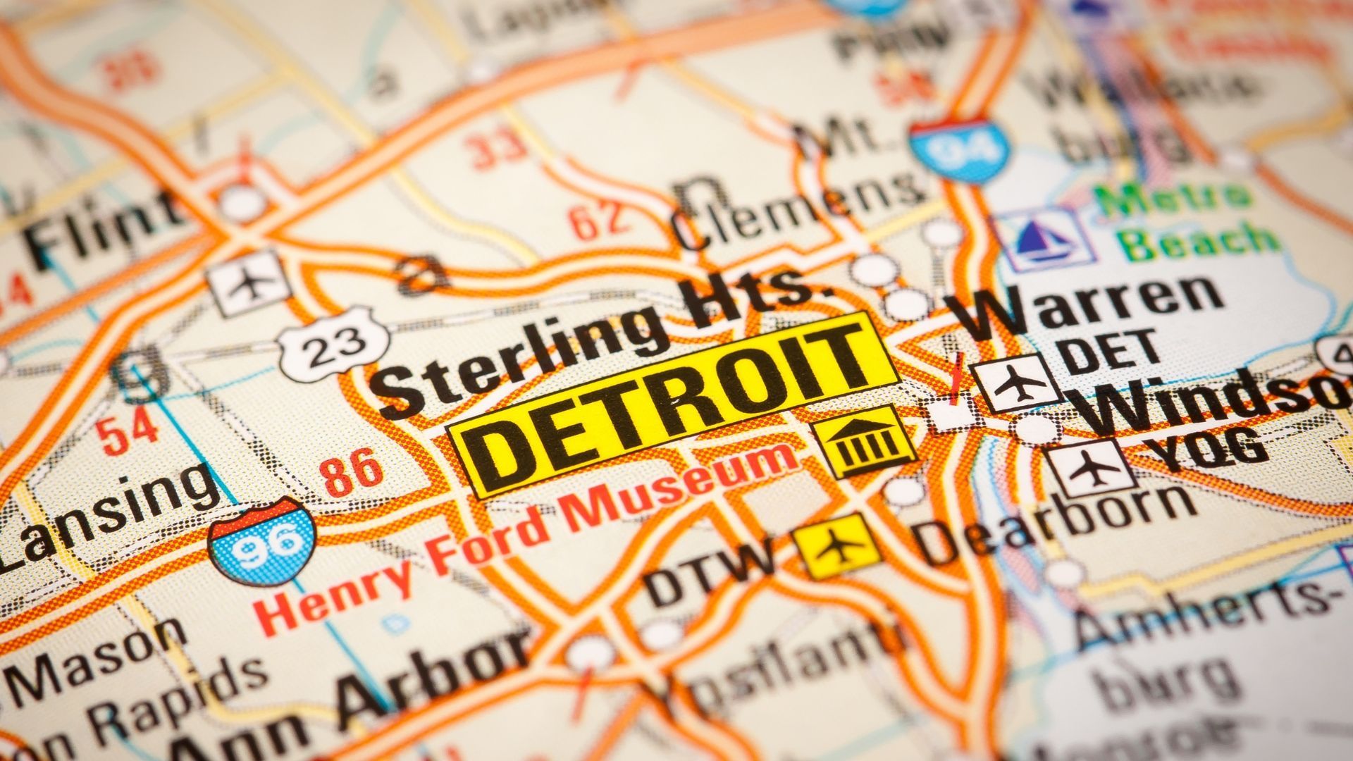 a close up of a map showing the location of detroit