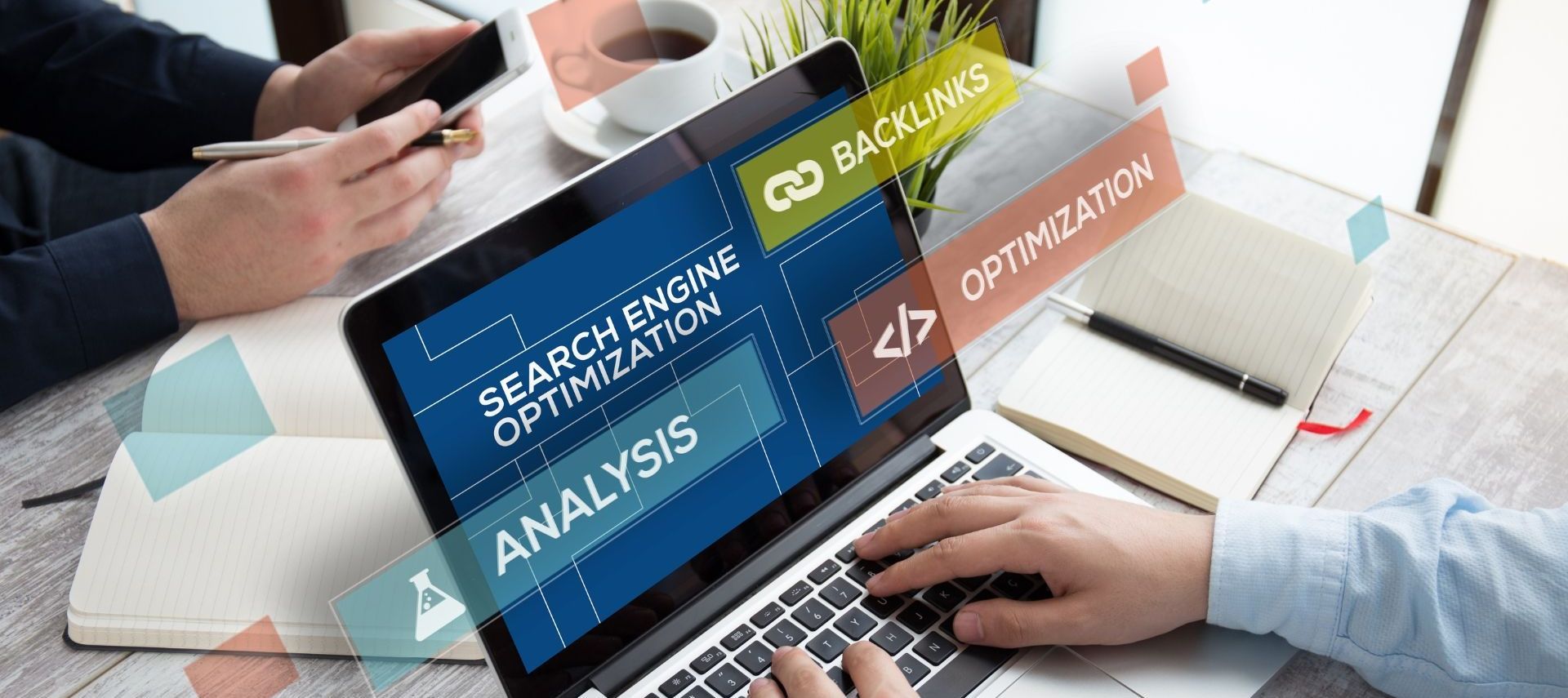 a person is typing on a laptop that says search engine optimization analysis and backlinks