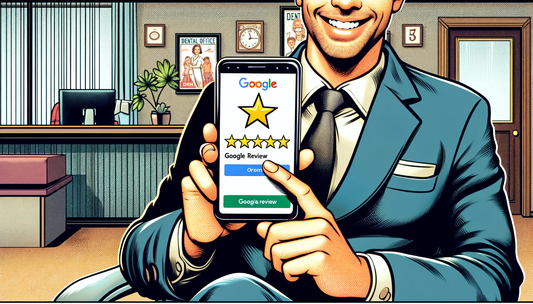 A man in a suit and tie is holding a cell phone with a google review on it.