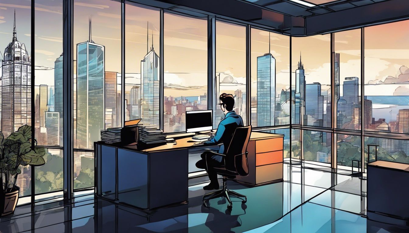 a man is sitting at a desk in an office with a view of the city .