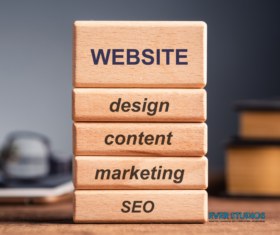 A stack of wooden blocks with the words website design, content marketing, and seo written on them