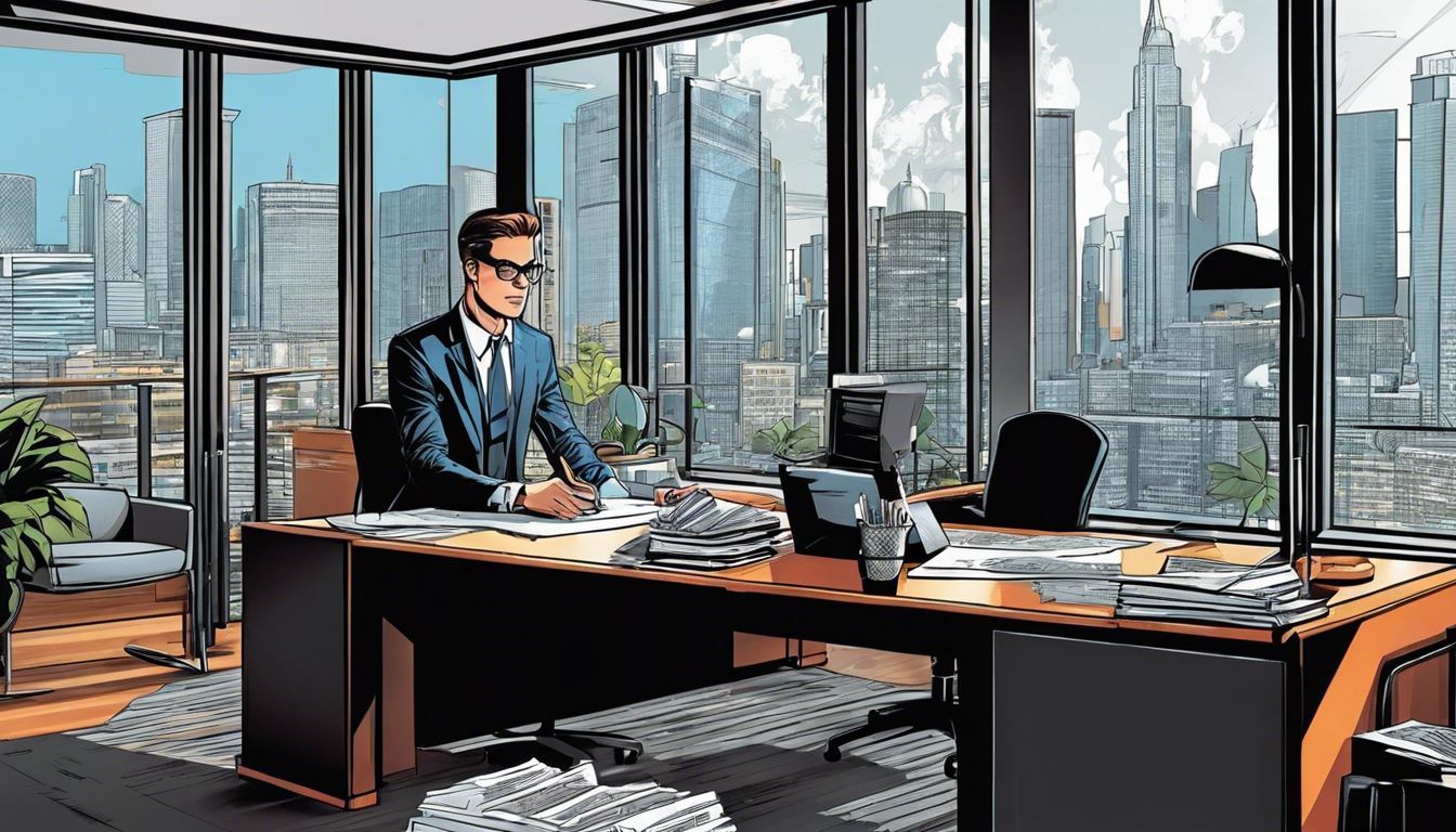 a man is sitting at a desk in an office with a city skyline in the background .