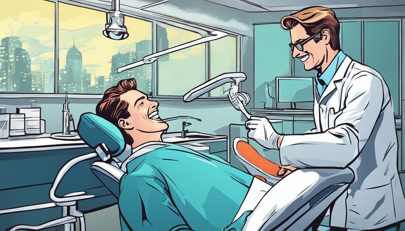 A man is sitting in a dental chair while a dentist examines his teeth.