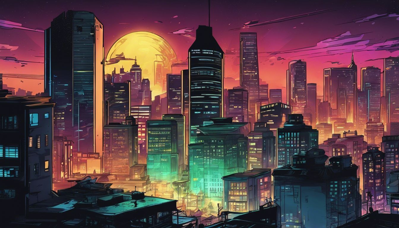 a painting of a city skyline at night with a full moon in the background .