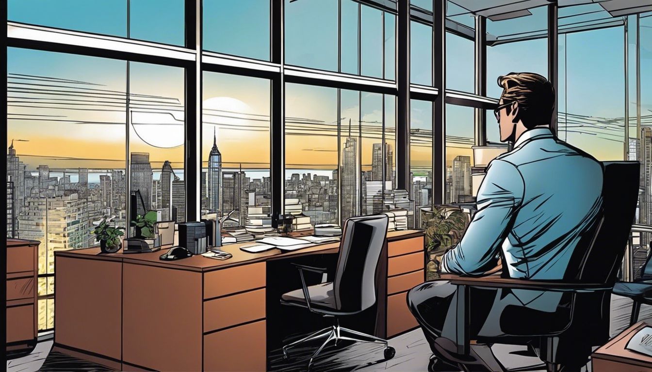 a man is sitting in an office chair looking out a window at a city .